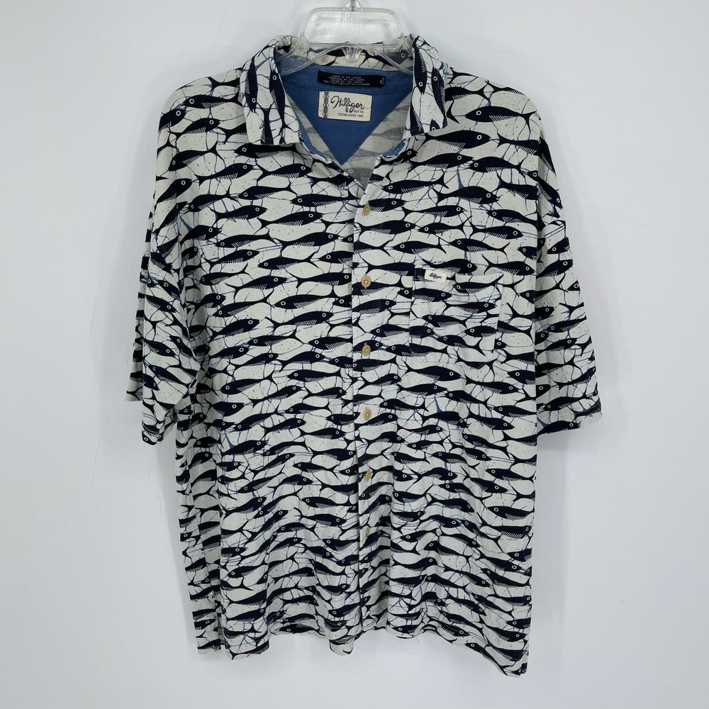 Hilfiger Surf Co. Men's Blue Fish Print Short Sleeve Button Down Shirt Size XL